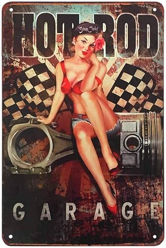 AOYEGO Letrero de hojalata Pin Up, Hot Rod Garage Woman Beautiful con Bikini Sit Auto Parts Vintage Metal Tin Signs para cafeterías, bares, pubs,