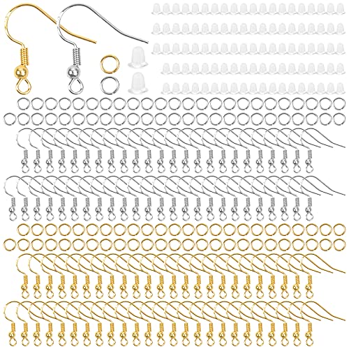 Changrongsheng 300 Pcs Crochets de Boucle d'Oreilles Plaqué Argent/Or Bijoux Fabrication Kit avec Dos de Sécurité Boucle d'Oreille Transparentes 5mm Anneaux de Saut Ouverts