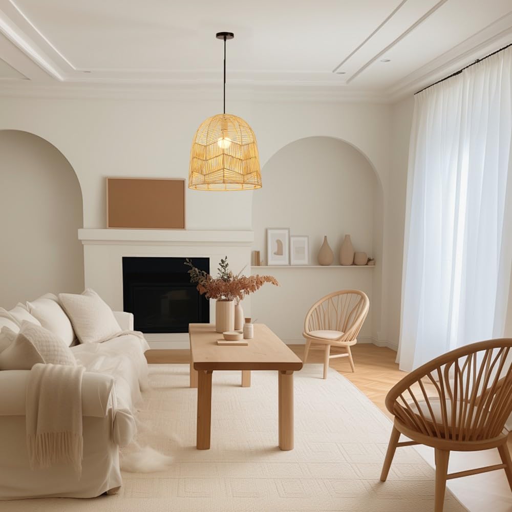 IMMAX BOHO PELO - Lampadario a sospensione di design, D50 cm, E27, rattan naturale