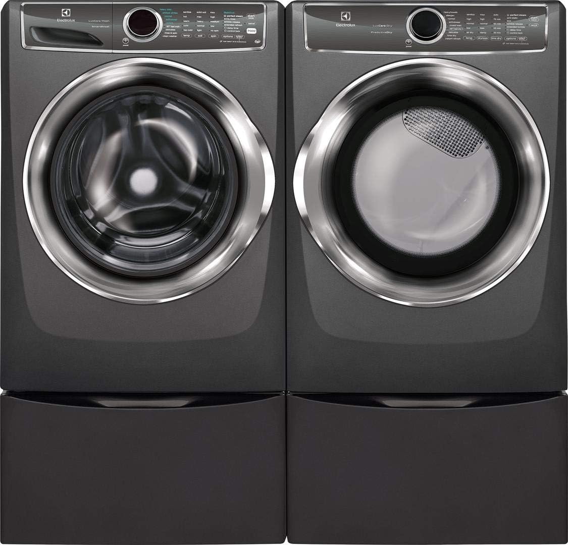 Electrolux Titanium Front Load Laundry Pair with EFLS627UTT 27 Washer, EFMG627UTT 27 Gas Dryer and Two EPWD257UTT Pedestal