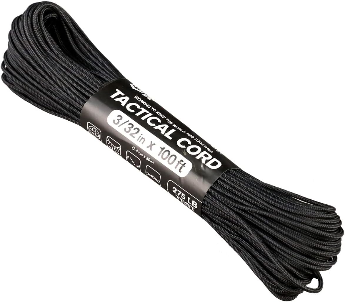 Atwood Rope MFG 275 Tactical Paracord 100 Feet 4-Strand Core Nylon Parachute Cord Outside Survival Gear Made in USA | Lanyards, Bracelets, Handle Wraps, Keychain (Black)