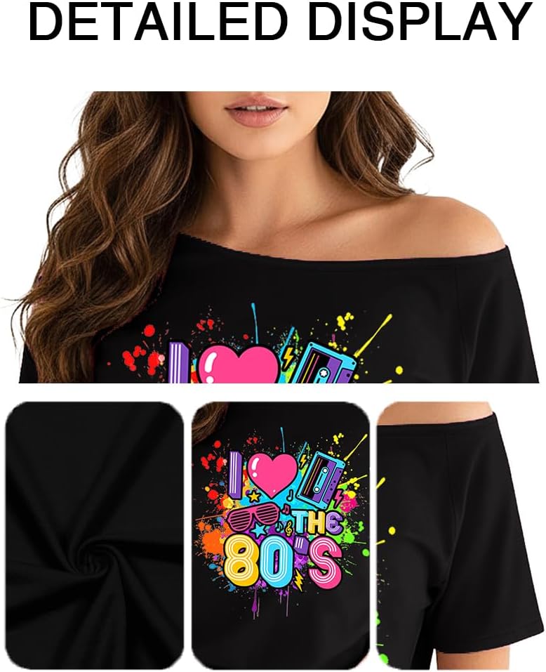 80s Outfit for Women 80's Theme Party Shirt Sexy Off The Shoulder 90S Tshirts Vintage 90s Disco Off Shoulder Tops - Image 6