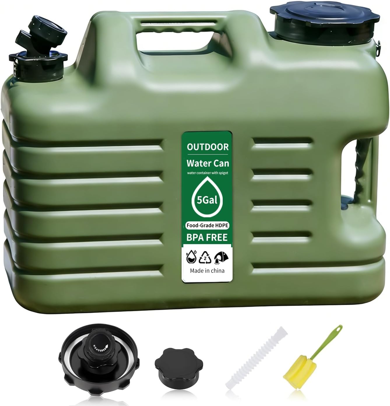 5 Gallon BPA-Free Water Jug with Spigot, Food Grade HDPE Outdoor Water Container, Portable Leak-Proof Water Can with Handle for Camping, RV, Hiking, Emergency Preparedness, Military Green