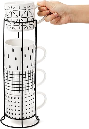 Miniatura 4 de TOPZEA Juego de 4 tazas de café apilables con soporte, juego de tazas de café de cerámica de 15 onzas con soporte de metal para capuchino, espresso,