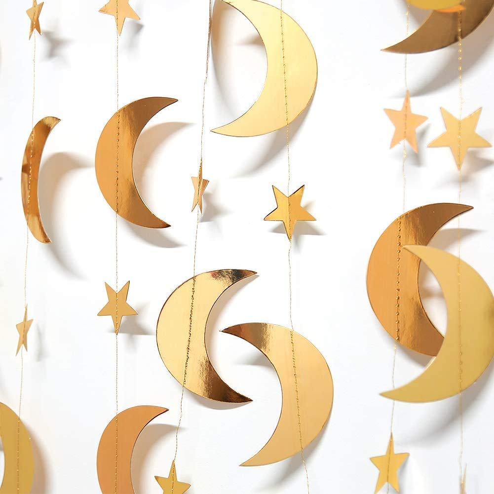 JOYWAYGold Star Moon Garland Streamers Banner Backdrop for Twinkle Little Star Party Decoration First Birthday/Baby Shower/Wedding//Kids Room/Nursery/Graduation Decor