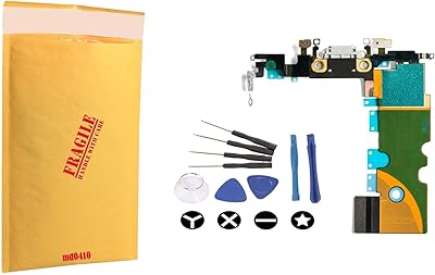 (md0410) Replacement Part Compatible for iPhone 8 White - Silver Charging Port Charge Dock Connector Charger mic Flex Ribbon Cable with Tools Kit