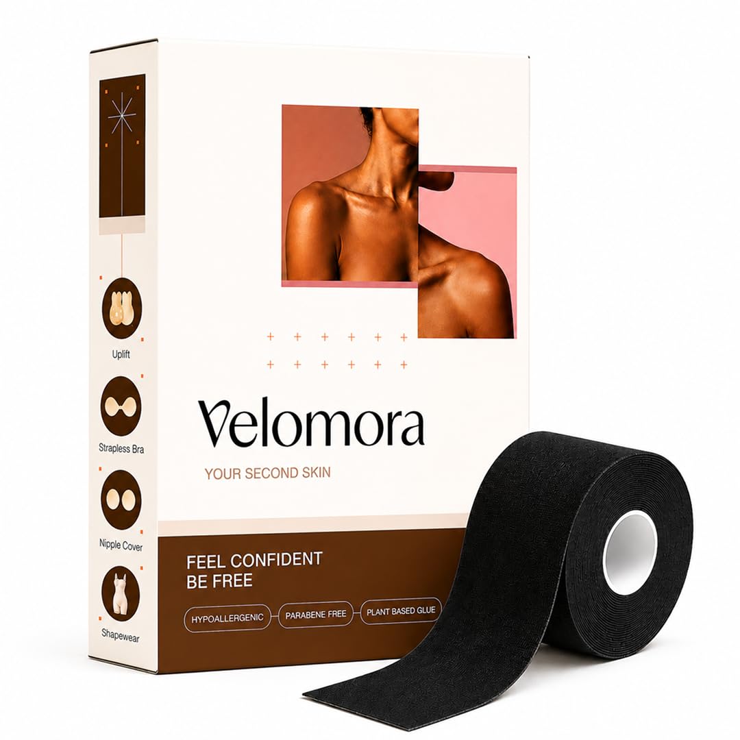 vm velomora ventures Velomora Premium Boob Tape with Bio-Glue – Skin-Safe Breast Lift Tape for Backless, Strapless & Deep-V Outfits | Strong Adhesion, Breathable, Gentle on Sensitive Skin, Reusable, 12+ Hour Hold (Black)-picture-0