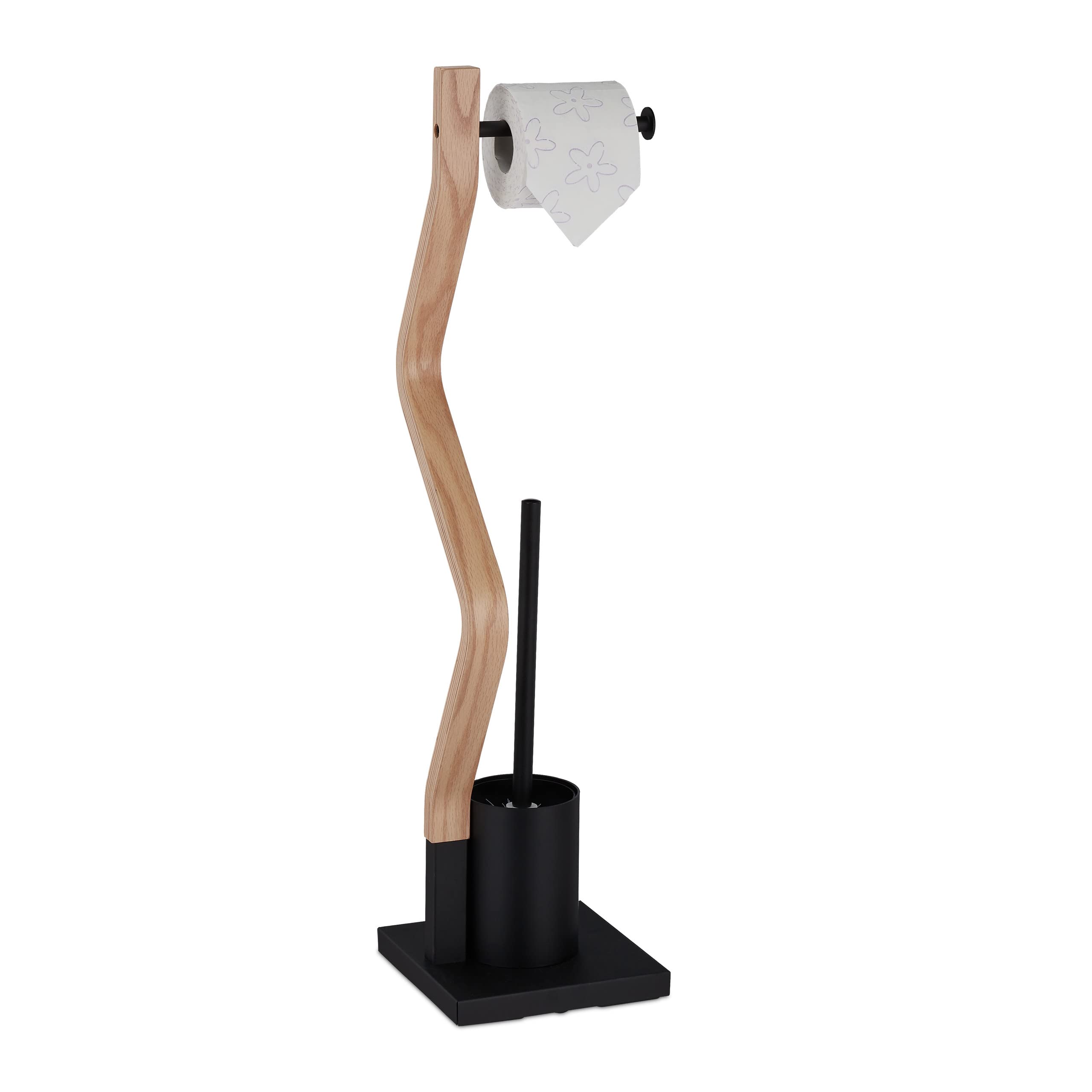 Relaxdays Black/Natural Wc Accessories Set, Standing Toilet Paper Holder, Replaceable Brush & Holder, 75X18.5x18.5cm,