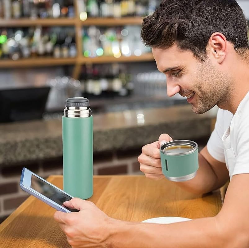 Image of 500ml Vacuum Insulated Stainless Steel Flask Set with 3 Cups Leakproof Double Wall Bottle for Tea Coffee Water Travel Office Gift Set Green