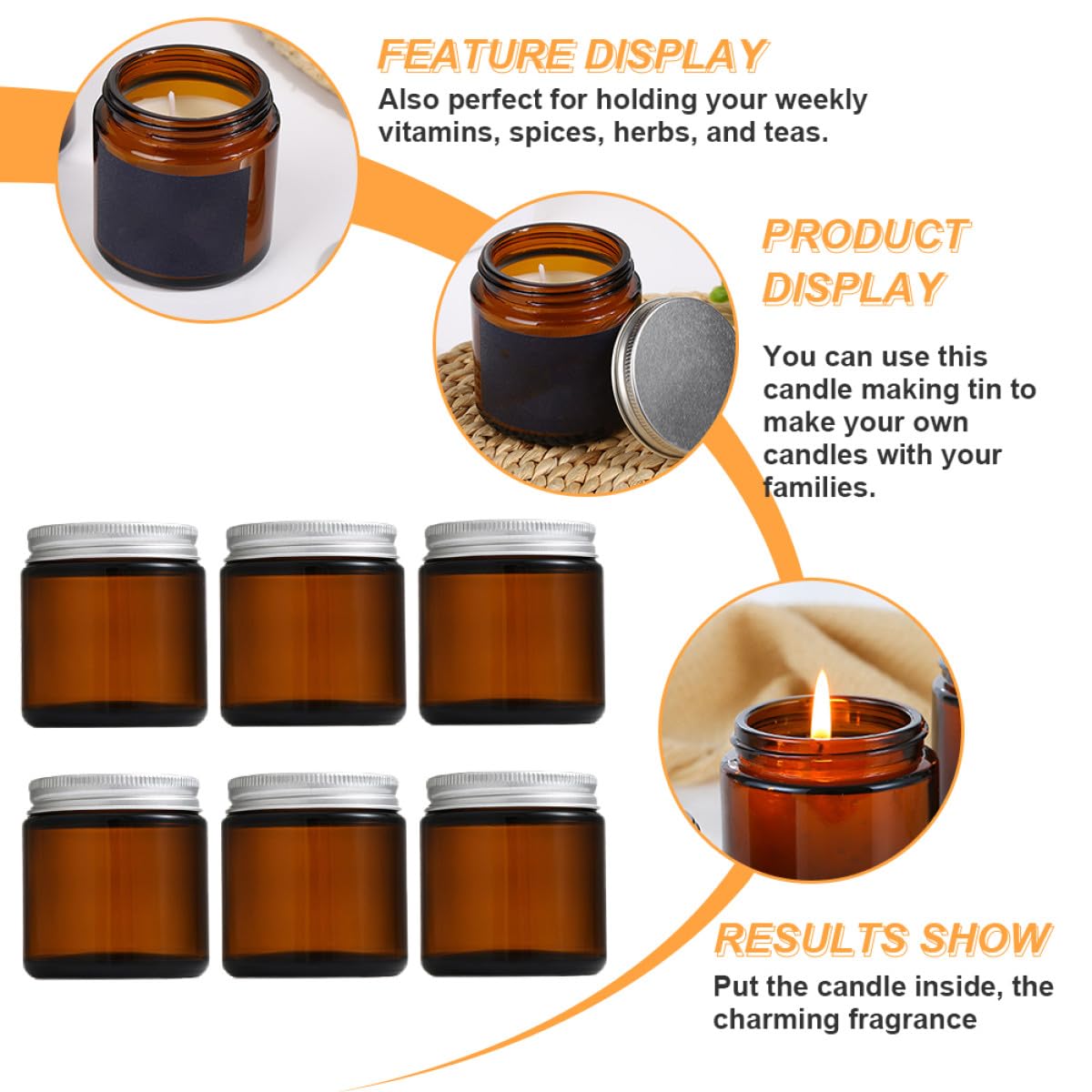 Abaodam Set da 6 Barattoli per Candele in Vetro Marrone da 120g con Coperchi, Contenitori Riempibili per Creazione di Candele e Lavori Artigianali