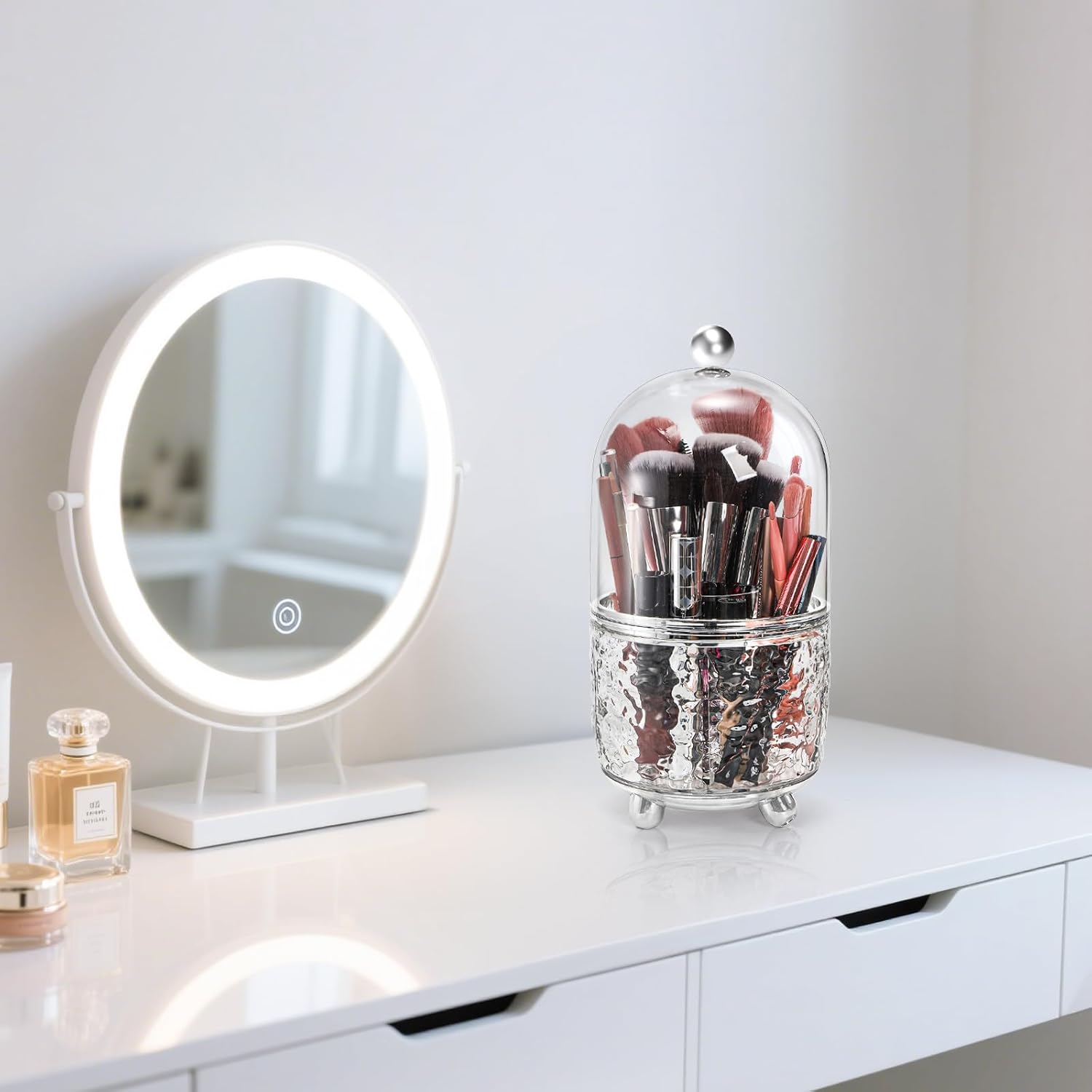 Rotating Makeup Brush Holder, Dustproof Cosmetic Tools Organizer with Lid, 360° Spinning Covered Brushes Storage with Anti-slip Pads for Vanity, Bathroom Countertop & Bedside Table, Clear - Image 6