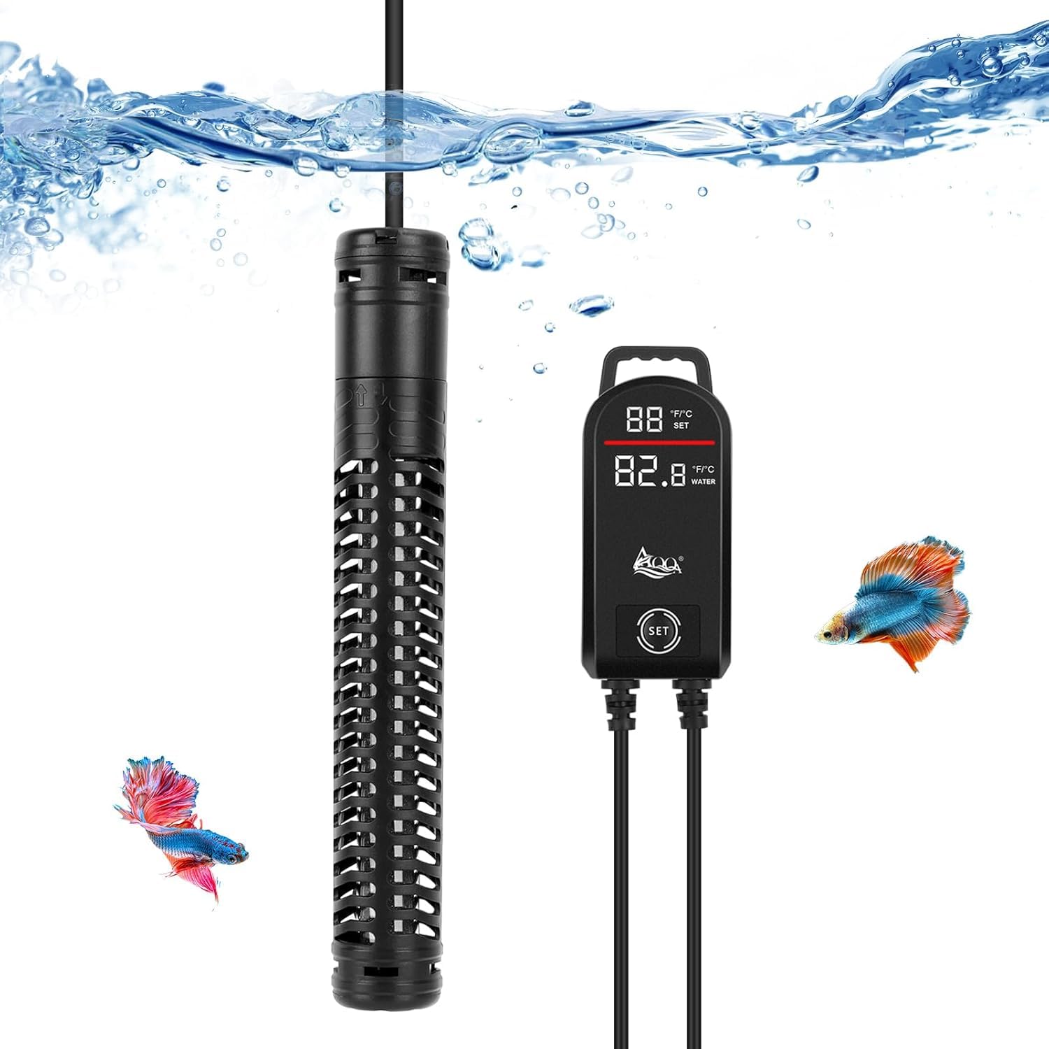 AQQA Grzejnik do akwarium, 300 W/500 W/800 W/1000 W/1200 W, ogrzewanie zanurzeniowe do akwariów z cyfrowym wyświetlaczem LED i ochroną przed przegrzaniem, do akwarium w słonej i słodkiej wodzie,