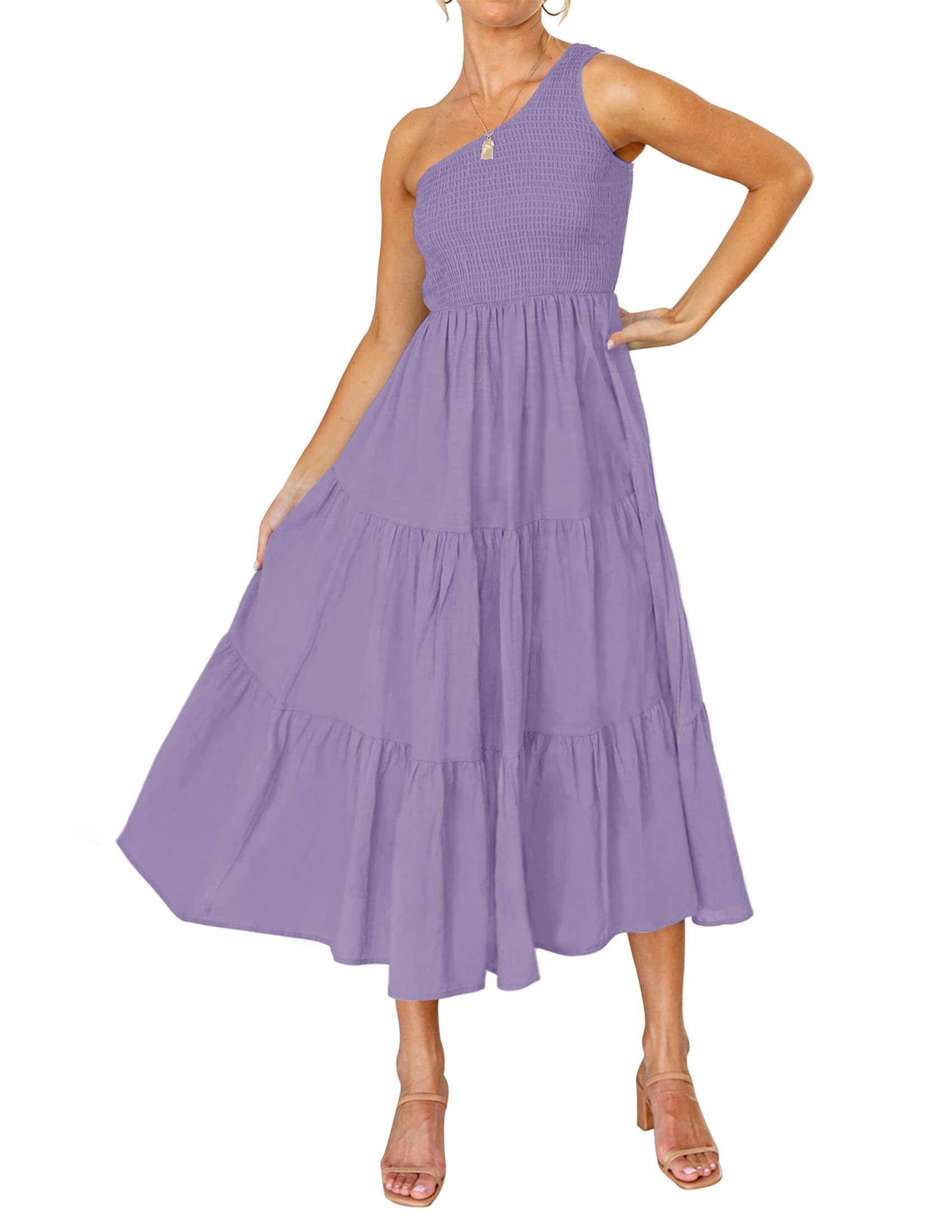 ZESICA Womens Summer Floral One Shoulder Midi Dresses | Sleeveless Long Dress, Ruffle Tiered, Fashion Smocked Dress, Boho, Smocked Bodice, Flowy A Line Dress, Beach Vacation Dress