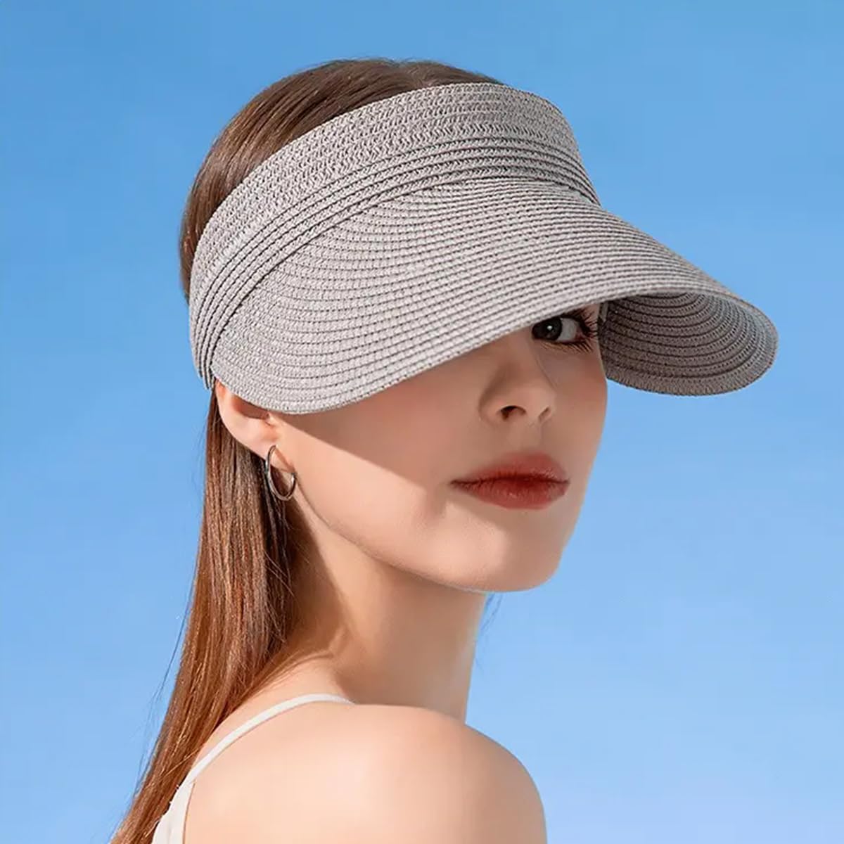 LumiSyne Visera De Paja Mujer Sombrero De Sol ala Ancha Protección UV Top Vacío Transpirable Ajustable Enrollable Gorra Visera De Paja Sombrero De Playa Viseras De Verano para Viaje Outdoors