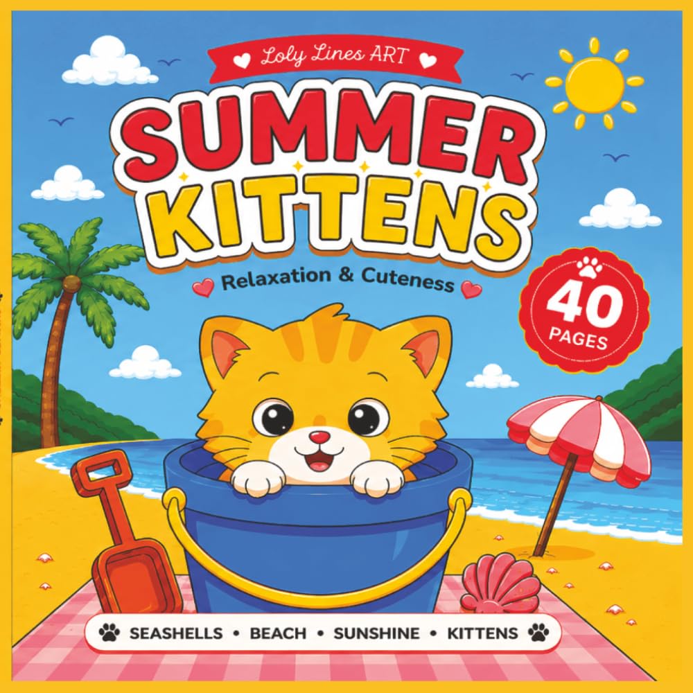 Summer Kittens Coloring Book: 40 Cute Bold & Easy Coloring Pages | Adorable Cats, Beach Fun, Ice Cream, Sunshine & Summer Adventures