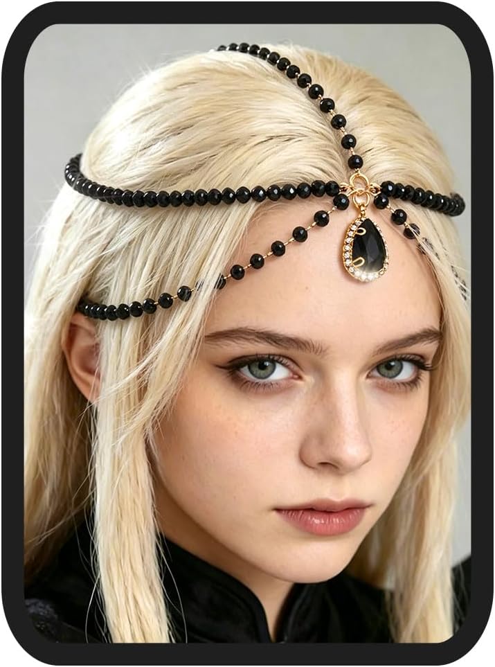 Yalice Black Layered Head Chain Gothic Rhinestone Forehead Headpieces Vintage Halloween Wedding Hair Jewelry for Women