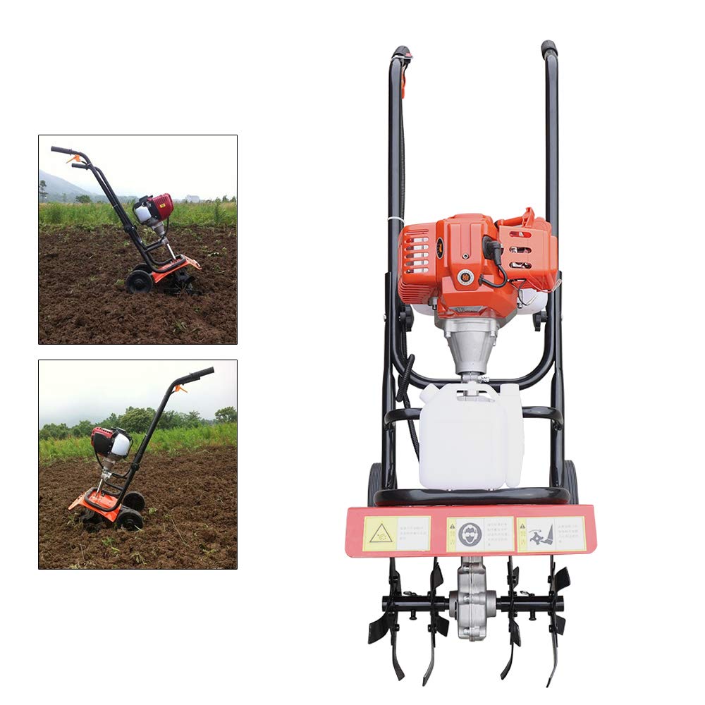 Hand Push Soil Micro Tiller 52cc 2 Stroke Single Cylinder Soil Petrol Powered Mini Farm Tiller Cultivator Hand-Pull Recoil Cultivator Gardening Lawn Machine Engine Soil Tool