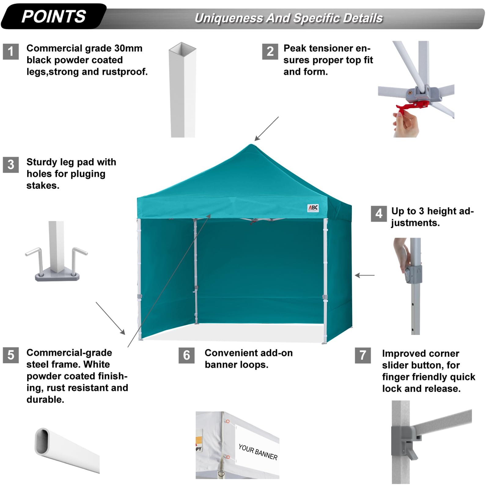 ABCCANOPY 2.5x2.5M Pop Up Gazebo Canopy Commercial Tents Market stall with 4 Removable Sidewalls and Roller Bag Bonus 4 Weight Bags (Turquoise) - Image 2