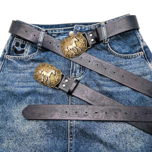 Cowboy Buckle Belt Western Leather Horse Head Buckle Peony Pattern Belt for Men Women Engraved Floral Horse Belt for2
