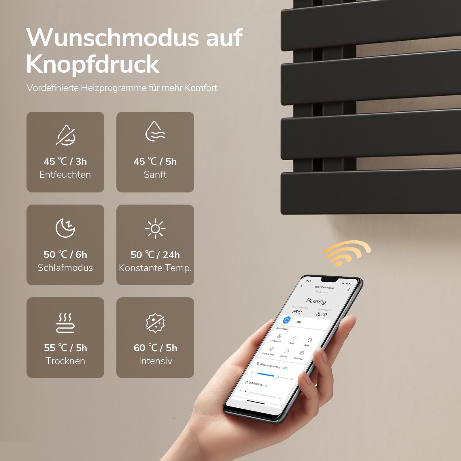 EMKE Elektrischer Handtuchheizkörper 1300x500 mm, Intelligenter Handtuchwärmer mit WiFi-App-Steuerung, Timer & Thermostat, Badheizkörper zur Wandmontage, 440 Watt, IP45, Schwarz