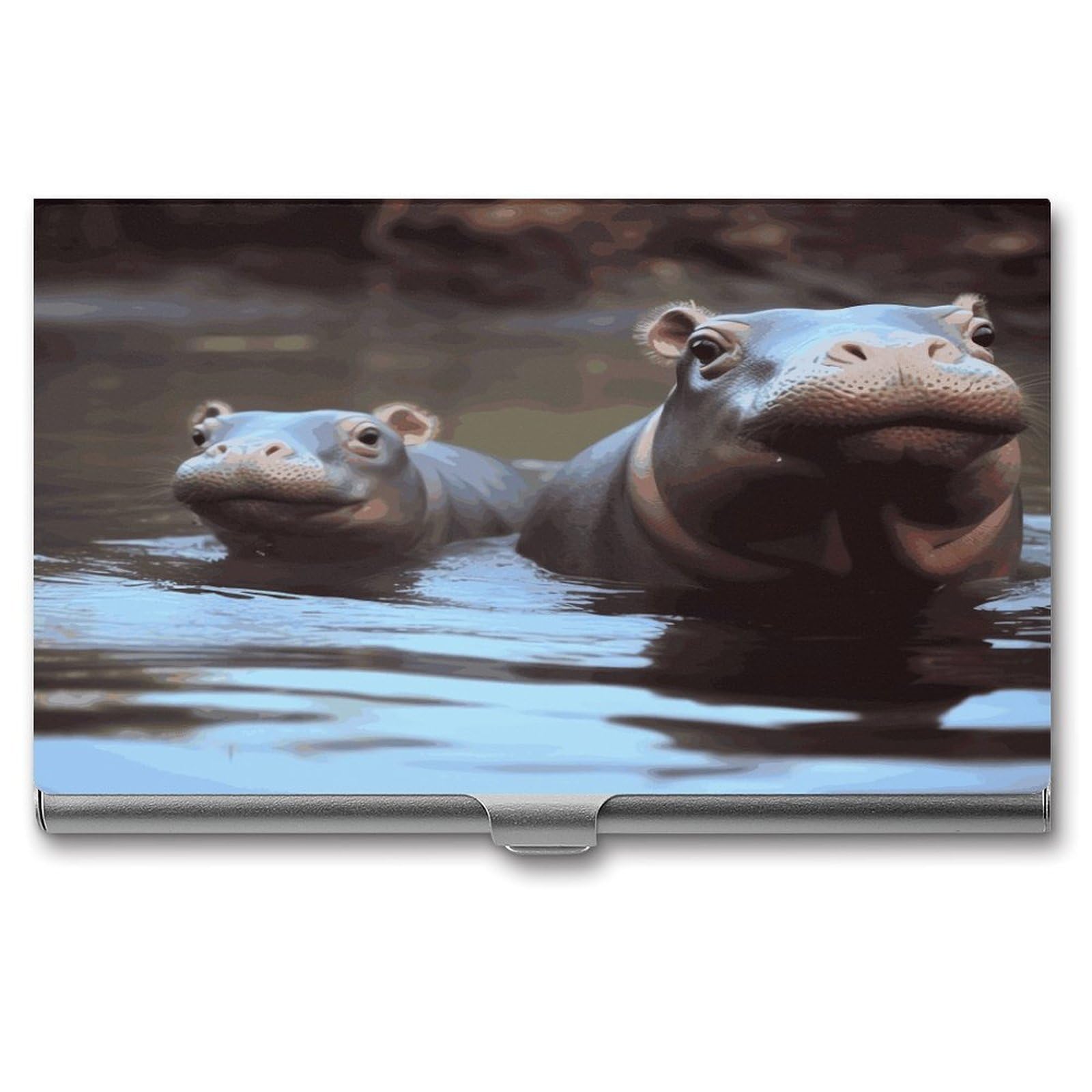 JTREHY Baby Hippos Business Card Holder Slim Purse Name Card Holder Portable Metal Business Card Case Wallet Large Capacity Lightweight Business Card Case for Men Women