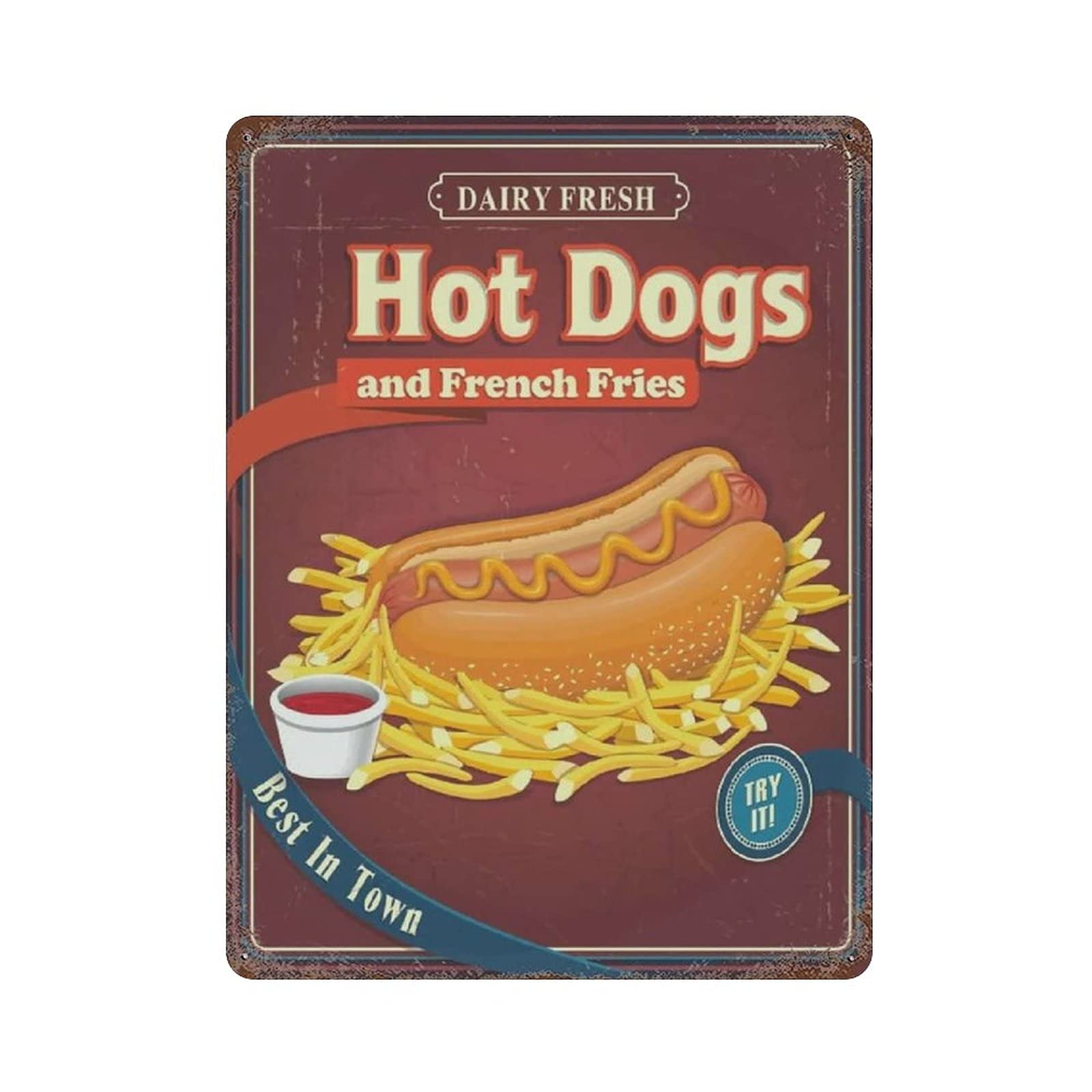rayprint Metal Tin Sign Hot Dog And French Fries Vintage Tin Poster Metal Sign Wall Decoration Country Kitchen Home Garage Decor 16"x12"
