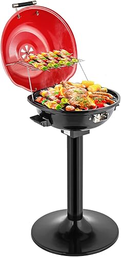 ROVSUN Parrilla eléctrica vertical roja de 1600 W con tapa, parrilla de acero inoxidable 304 con bandeja de goteo extraíble desmontable, diseño de