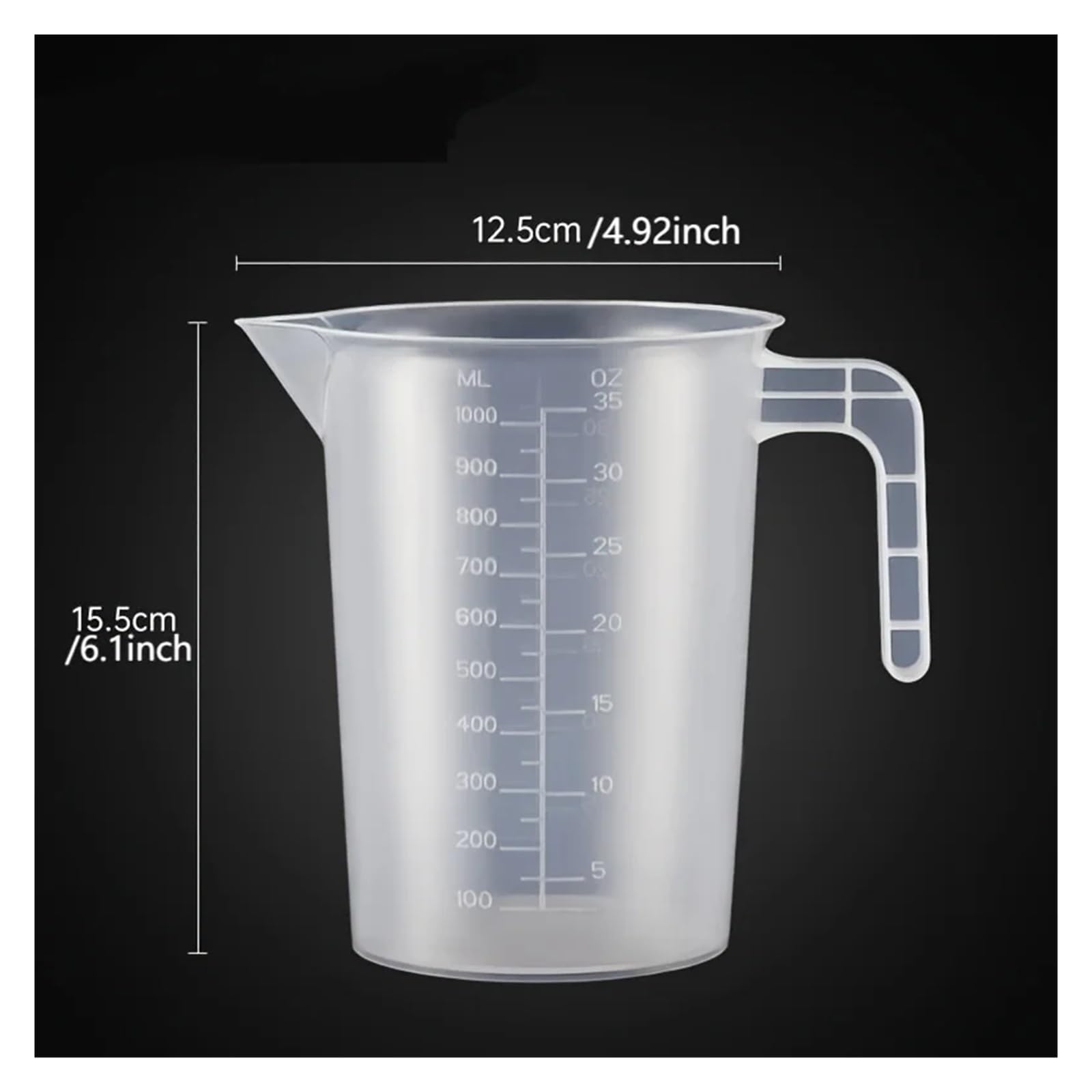 Juego de 5 vasos medidores de plástico: 1000 ml, 500 ml, 250 ml, 100 ml, 50 ml. Escala de fácil lectura. Vasos medidores de cocina.