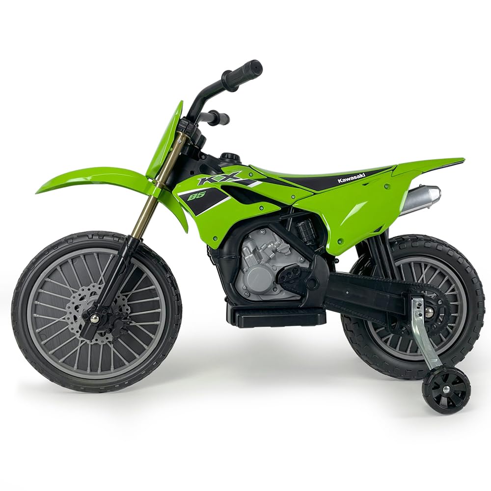 Elektro Motorrad Kinder 3-6 Jahre Kawasaki 12V Offiziell Lizenziert + Fußpedal + Automatische Bremse + Stützräder + Motocross Design | INJUSA