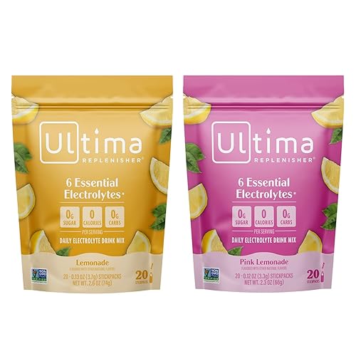 Ultima Replenisher Paquete de mezcla de bebidas con electrolitos  Limonada y limonada rosa, 20 paquetes de barras  6 electrolitos y minerales  Apto