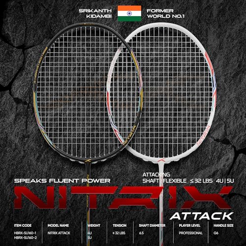 Image of Hundred Nitrix Attack | Ultra-Light Carbon Fibre Badminton Racket | Head-Heavy Power | Max Tension 32lbs | Flexible Shaft for Fast Swings | Intermediate /Advanced Level | Includes Full Cover