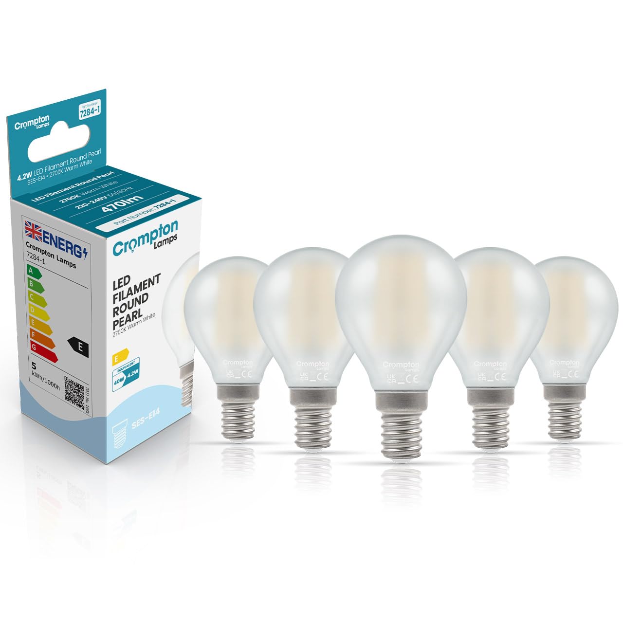 Crompton Lamps Filament Golfball LED Light Bulb SES-E14 | 4.2W = 40W Equivalent | Warm White 2700K | Energy Efficient | Small Screw Lightbulb | Long Life 10,000-Hrs | Pearl Glass | Dimmable | 5-Pack