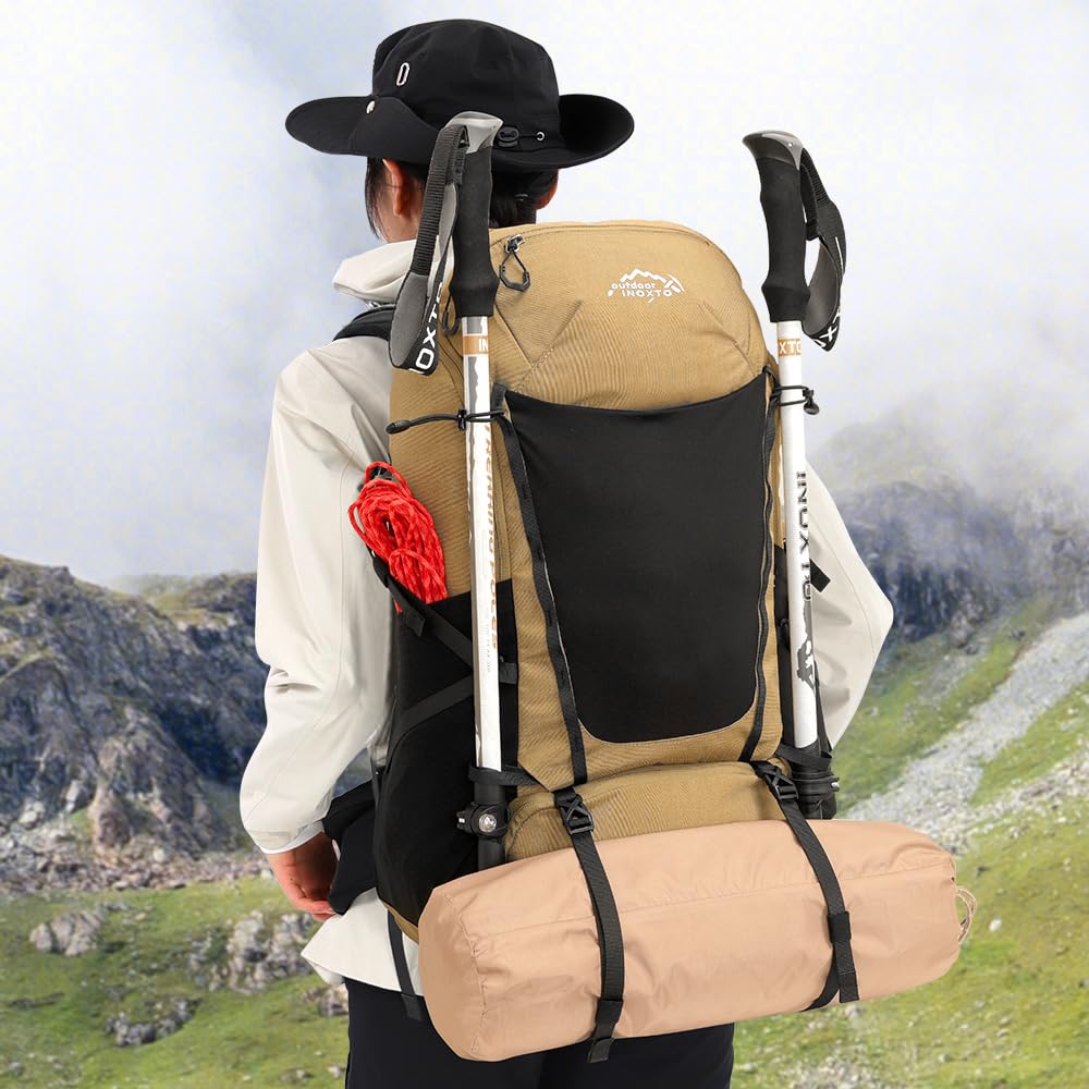 INOXTO Wanderrucksack Herren Damen,35L wasserdichtes leichter Wanderrucksäcke mit 3L Wasserbeutel mit Regenschutz für Bergsteigen, Wandern, Camping, OutdoorSportarten (Khaki Schwarz)