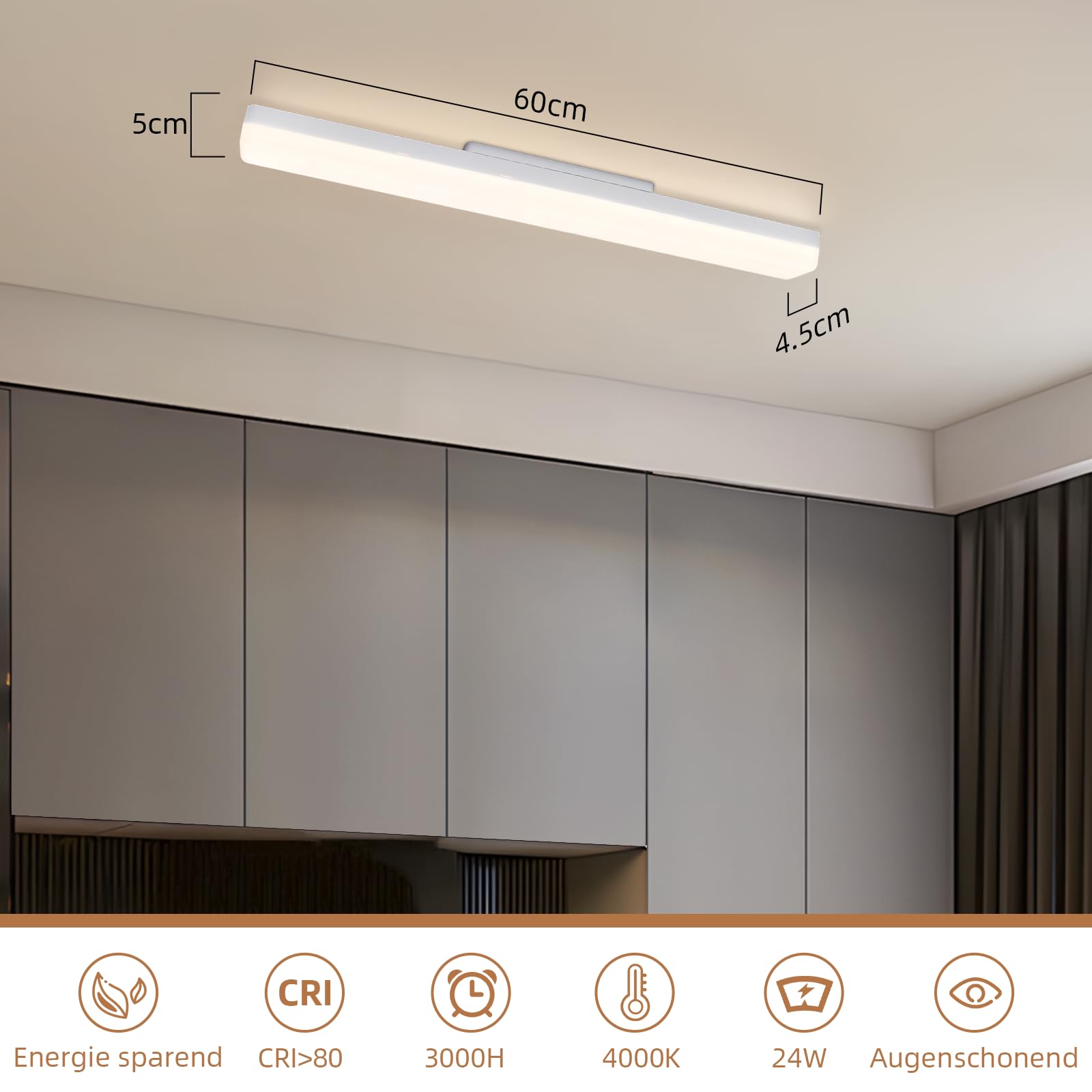 CBJKTX Plafoniera LED Lampada da Soffitto 24W Moderna 4000K Bianco Naturale | Pannello LED Luce illuminazione interni per casa garage camera da letto corridoio e cucina - 60CM
