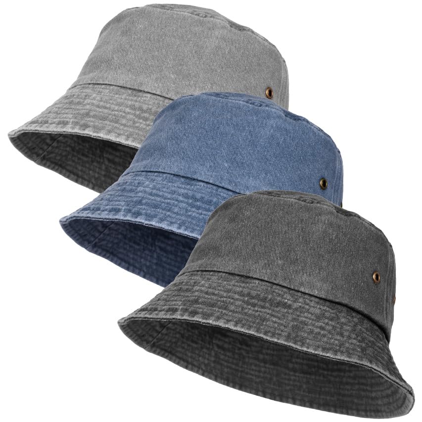 Image of 3Pcs Washed Cotton Bucket Hats for Women and Men,Fishing Hat Pack Summer Travel Beach Sun Hat Outdoor.