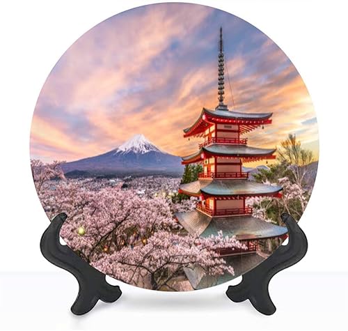 Platos decorativos para exhibición de 8 pulgadas, adorno de cerámica de primavera japonesa con soporte de exhibición y gancho para decoración de