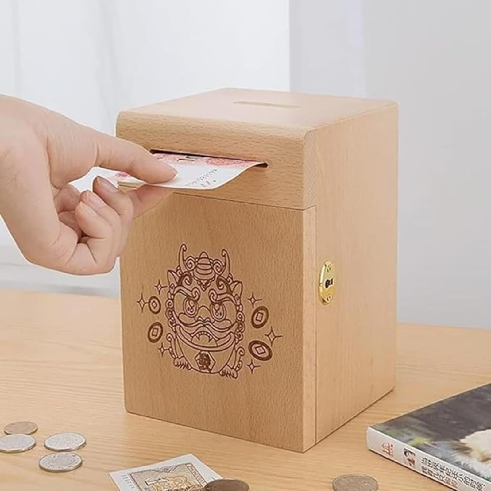 Amazon.co.jp: 貯金箱 鍵付き ミニ金庫 木製 賽銭箱 投入口付き 大容量