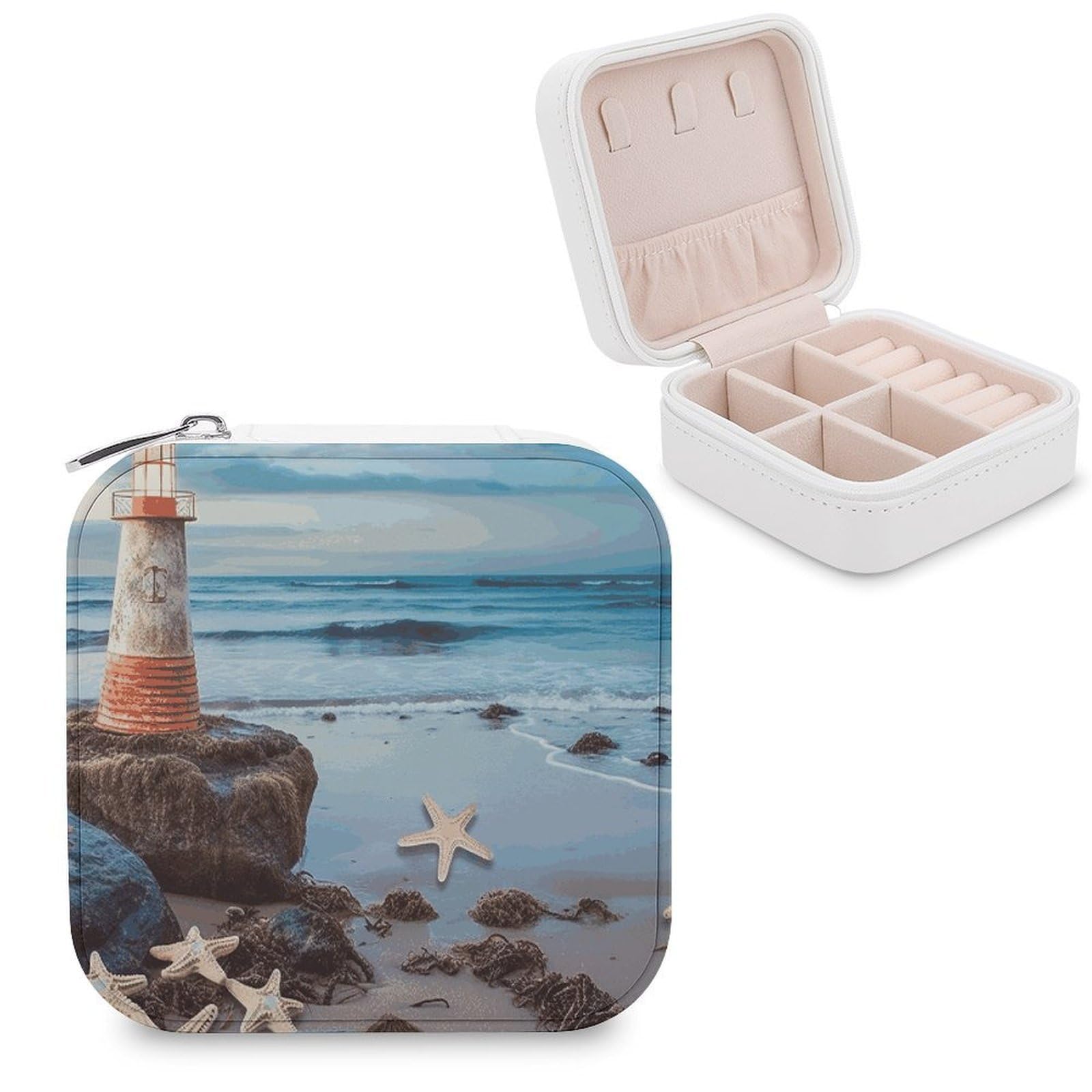 FekiLoot Starfish Lighthouse Beach Jewelry Box Exquisite Jewelry Organizer Silver Gold Trinket Storage Case Multi Compartments Cute Earrings Ring Necklace Holder For Woman Household Gift