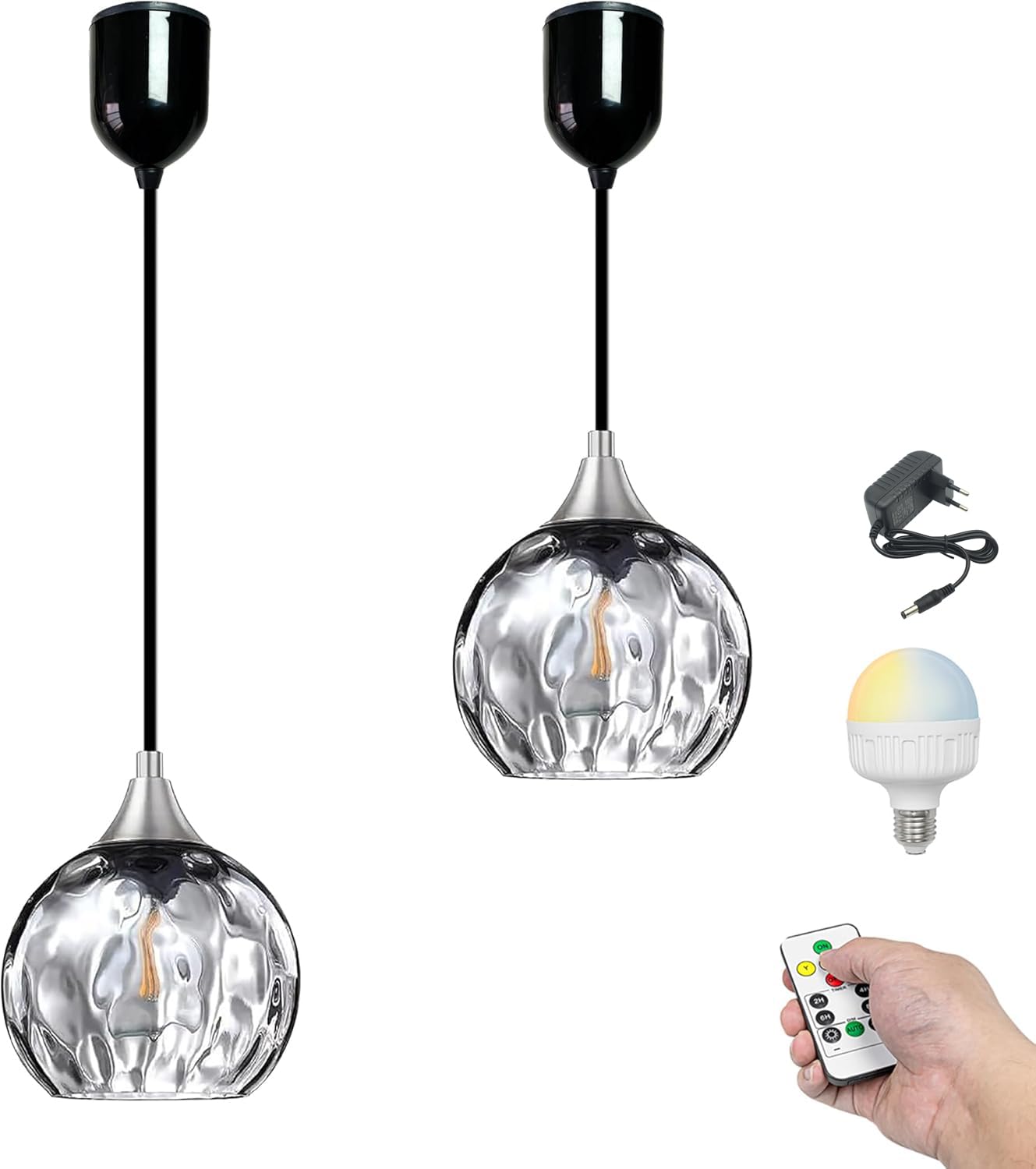 Dimmbare Hängelampe mit Batterie Innen Einstellbare Höhe,2er-Satz Hängeleuchte Batteriebetriebene Lampe, Pendelleuchte ohne Strom Stromanschluss für Küche Nachttischcafé, Grau TB3277