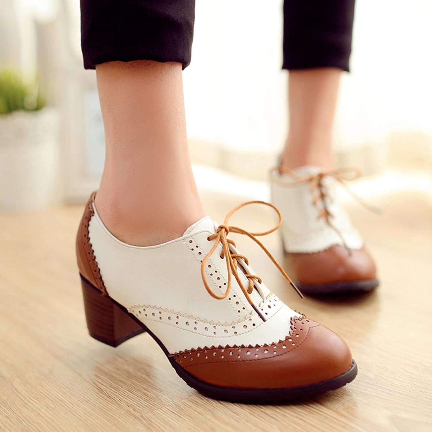 SHEMEE Women's Retro Wingtip Block Heel Lace Up Oxfords Stacked Chunky High Heels Pumps Vintage Round Toe Brogues Dress Shoes - Image 3