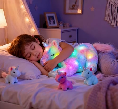 Miniatura 2 de Hopearl Unicornio de peluche LED con iluminación, mamá unicornio con 3 unicornios bebés en su barriga, juego de animales de peluche con luces de