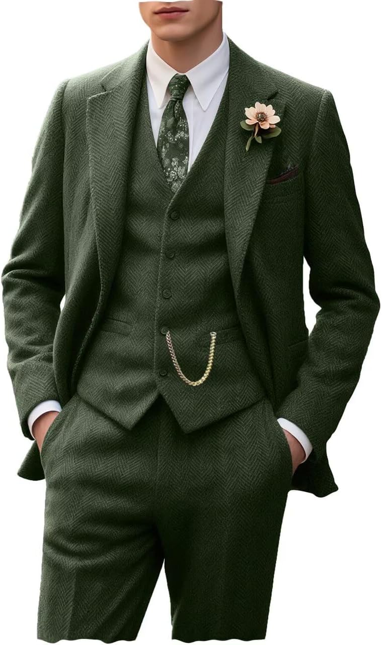 Retro Tweed Men's Suit 3 Piece Slim Fit Herringbone Suits Groom Tuxedos Set Wedding Prom Blazer Jacket Vest Pants for Men