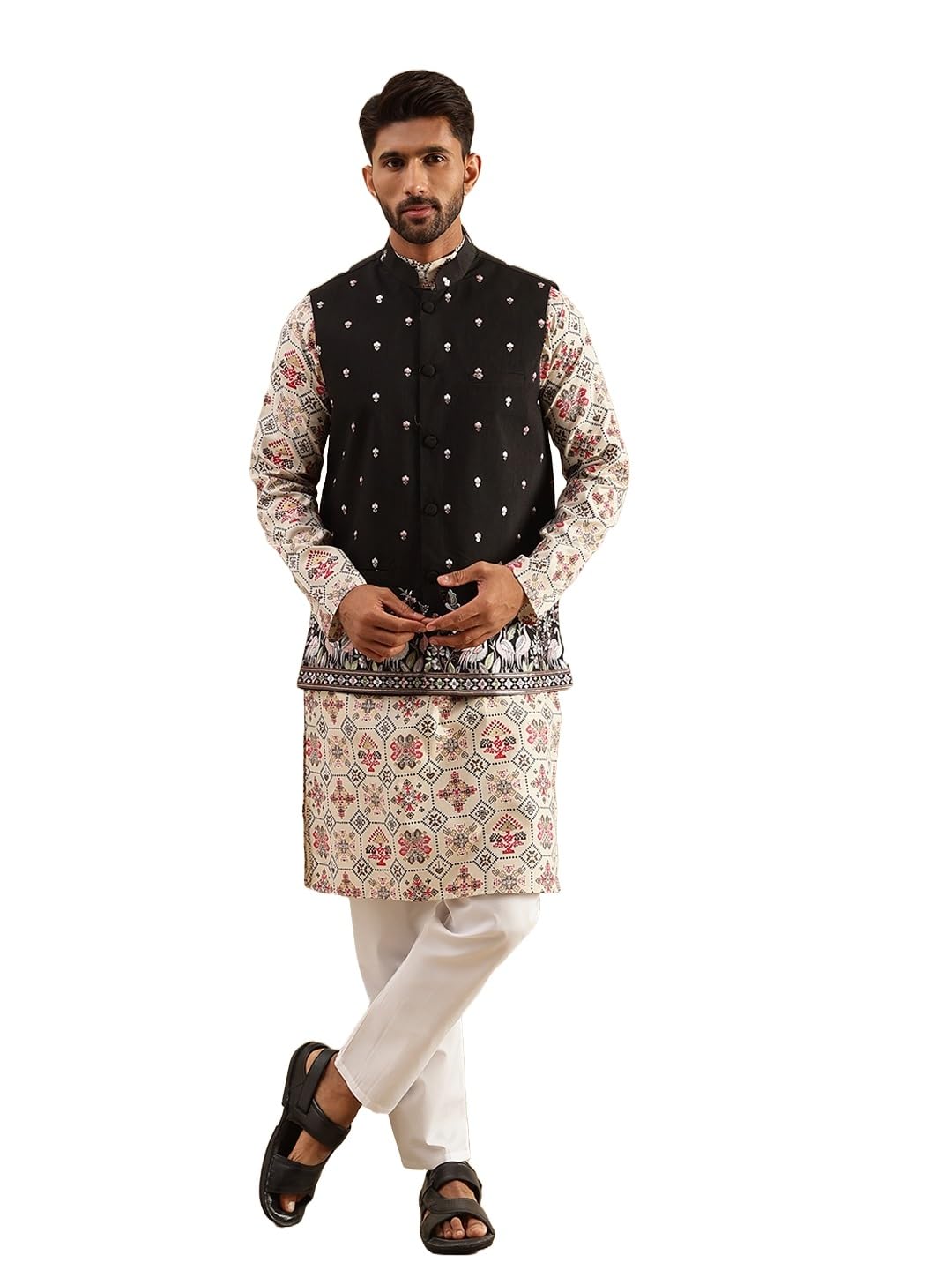 sojanya Men's Cotton Linen Cream Kurta and White Pyjama With Daman Embroidered Black Nehru Jacket-picture-24