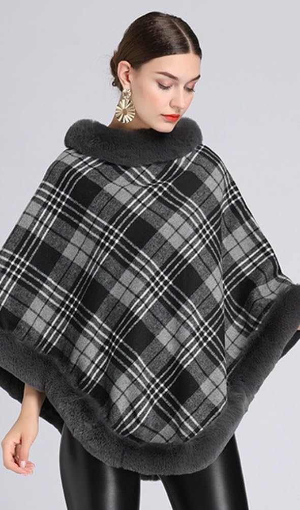 Poncho da donna mantello plaid pullover mantello spesso in pelliccia sintetica scialle avvolgente manica a pipistrello maglione invernale di lana