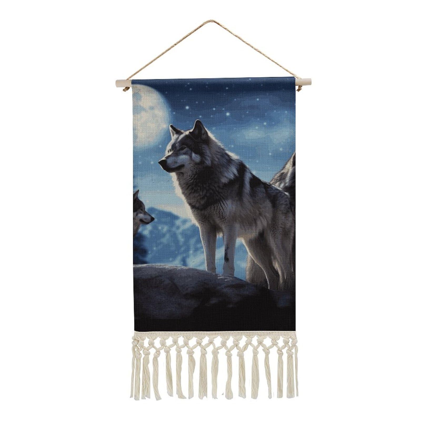 BTCOWZRV Cotton And Linen Hanging Poster with Tassels, Wolfs Wall Hanging Tapestry Vintage Wall Art Painting Modern Artwork Decoration for Home Decor Ready to Hang 10x19.6 in