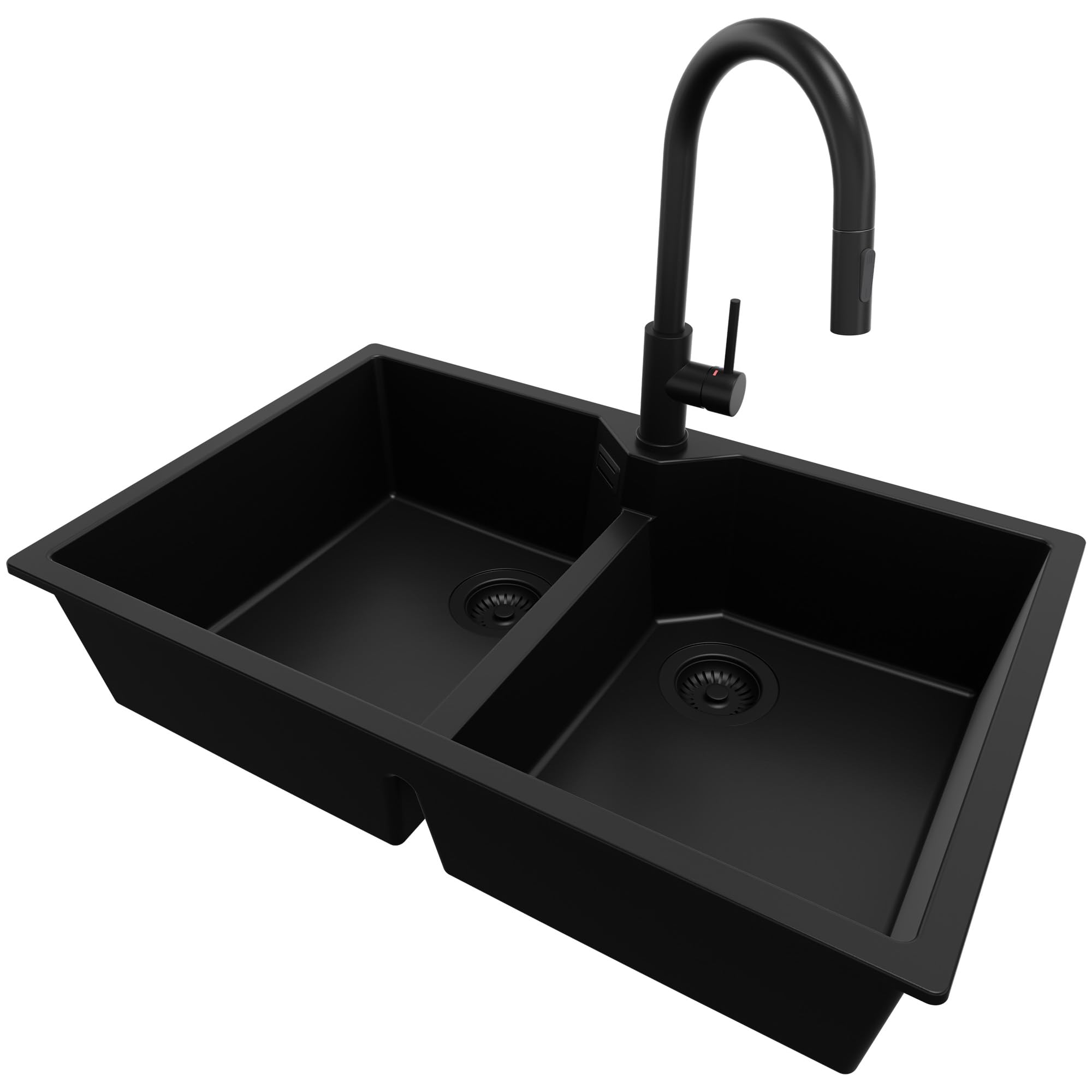 PRIMAGRAN Granitspüle Alles Schwarz 78x50cm, Spülbecken 2 Becken + Küchenarmatur 40x20cm + Ablauf-Set, Küchenspüle ab 80er Unterschrank - Madrid Twin S016