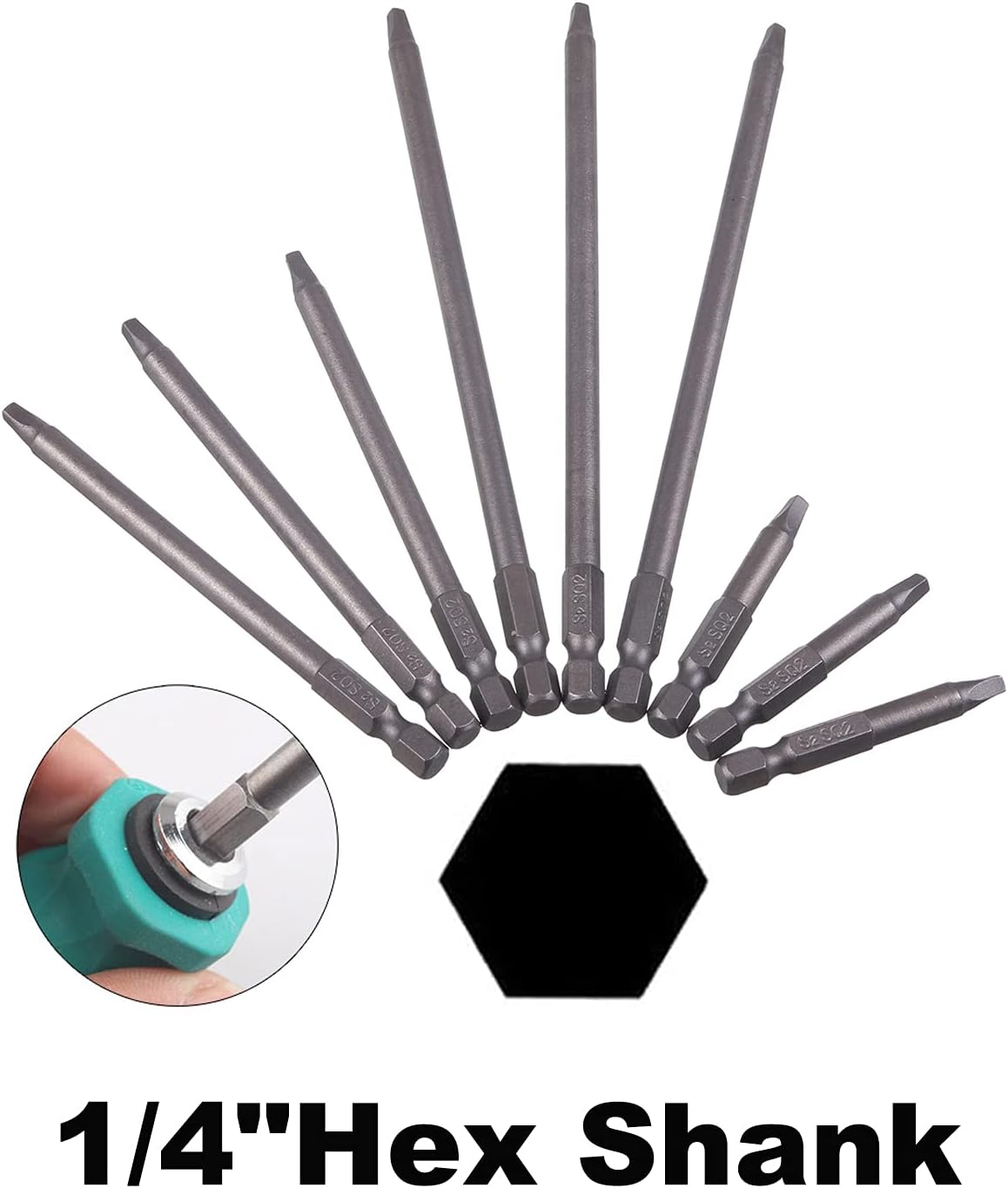 Rocaris 9 Pack 1/4 Inch Hex Shank Long Magnetic Square Head Screwdriver Bits Set Power Tools SQ2 For Poket Hole Jig- 2 inch, 4 inch, 6 inch
