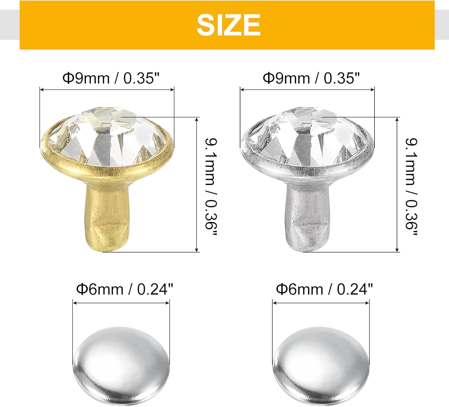 uxcell 500 Sets 9mm/0.35" Gold Silver Rhinestone Leathercraft Crystal Double Cap Rivets Studs with Tools for DIY Leather Craft Clothes Bag Belt
