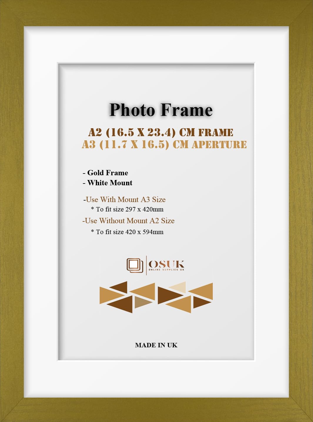 Frame Eazy Gold Osuk A2 Frame With A3 Mount Modern Photo Frame With White Mount - Clear Perspex Front & Wall Mounting Poster Frame - A2 Picture Frame With A3 White Mount