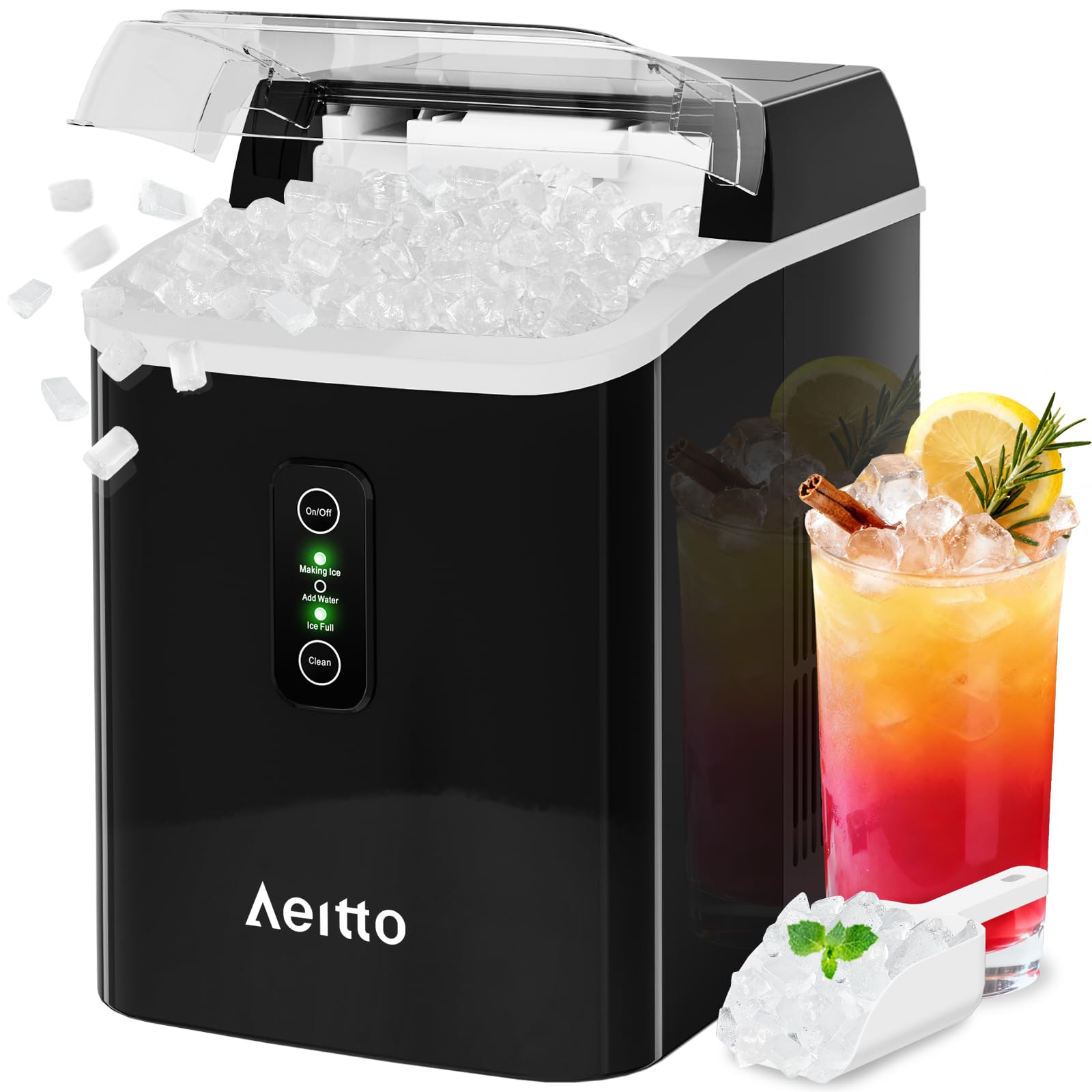 Aeitto Nugget Ice Maker Countertop, 42lbs/24H Ice Machine with 1.5L Water Tank, Rapid Ice Release in 6 Mins, Self-Cleaning Pebble Ice Maker with Basket and Scoop for Home Office RV and Party, Black
